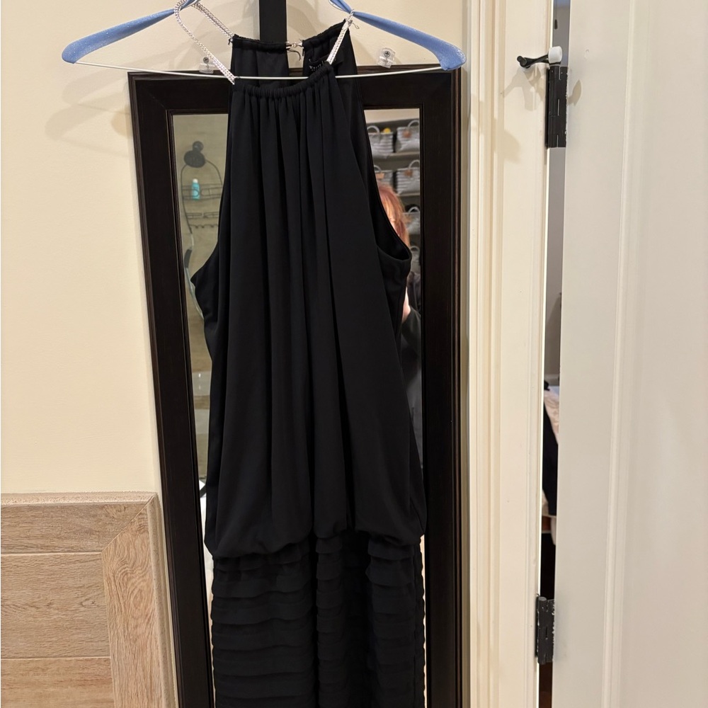 Whbm black halter dress with silver chain detail. Size L.